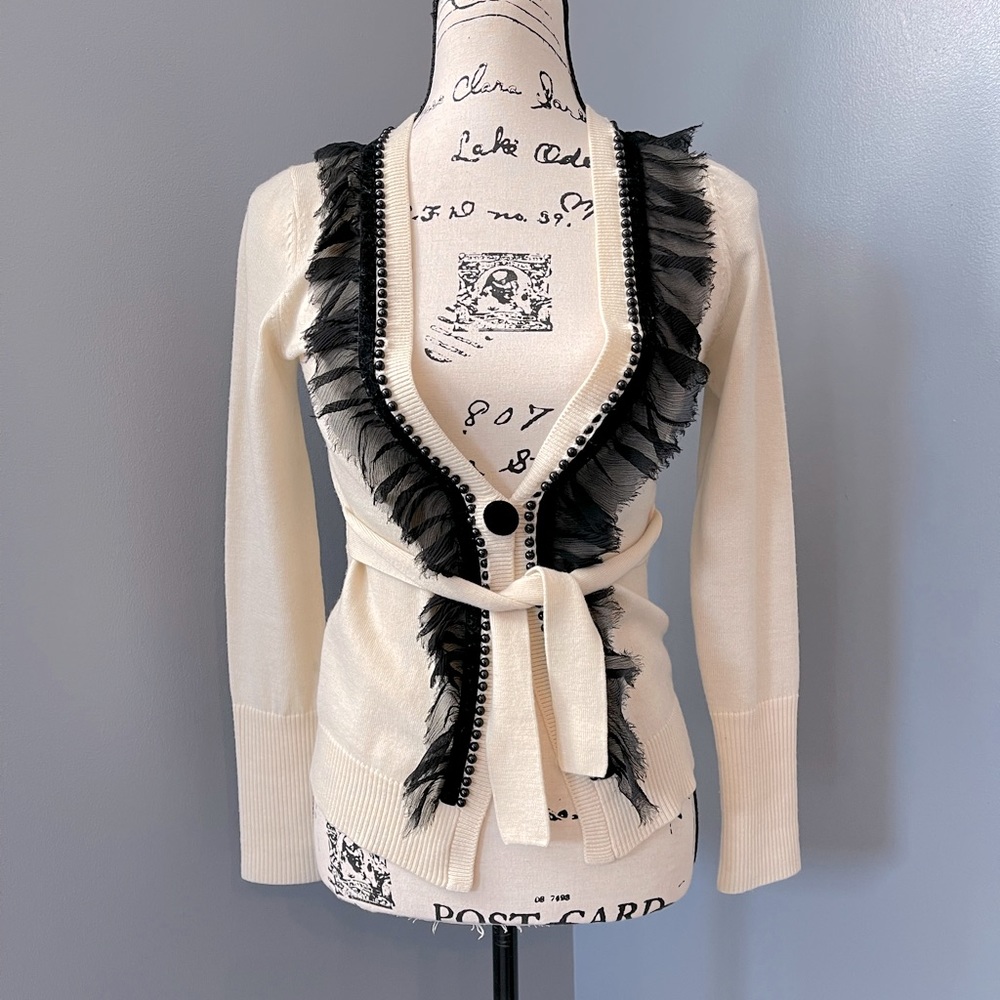 Nanette Lepore Cream cardigan w/black chiffon, velvet trim & beaded details XS
